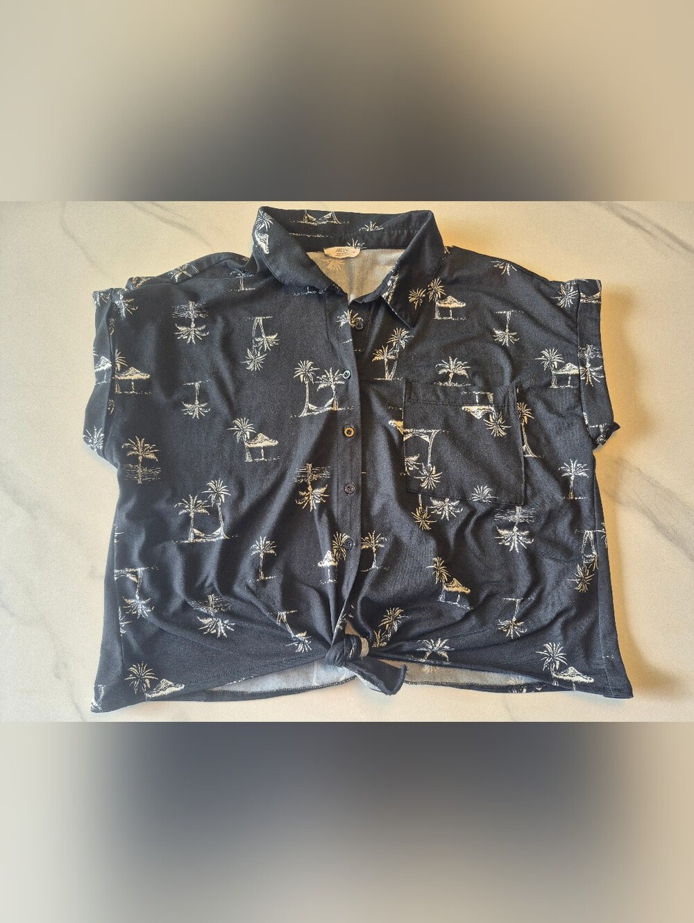 Ardene Navy Button-Up Shirt with White Island Print
